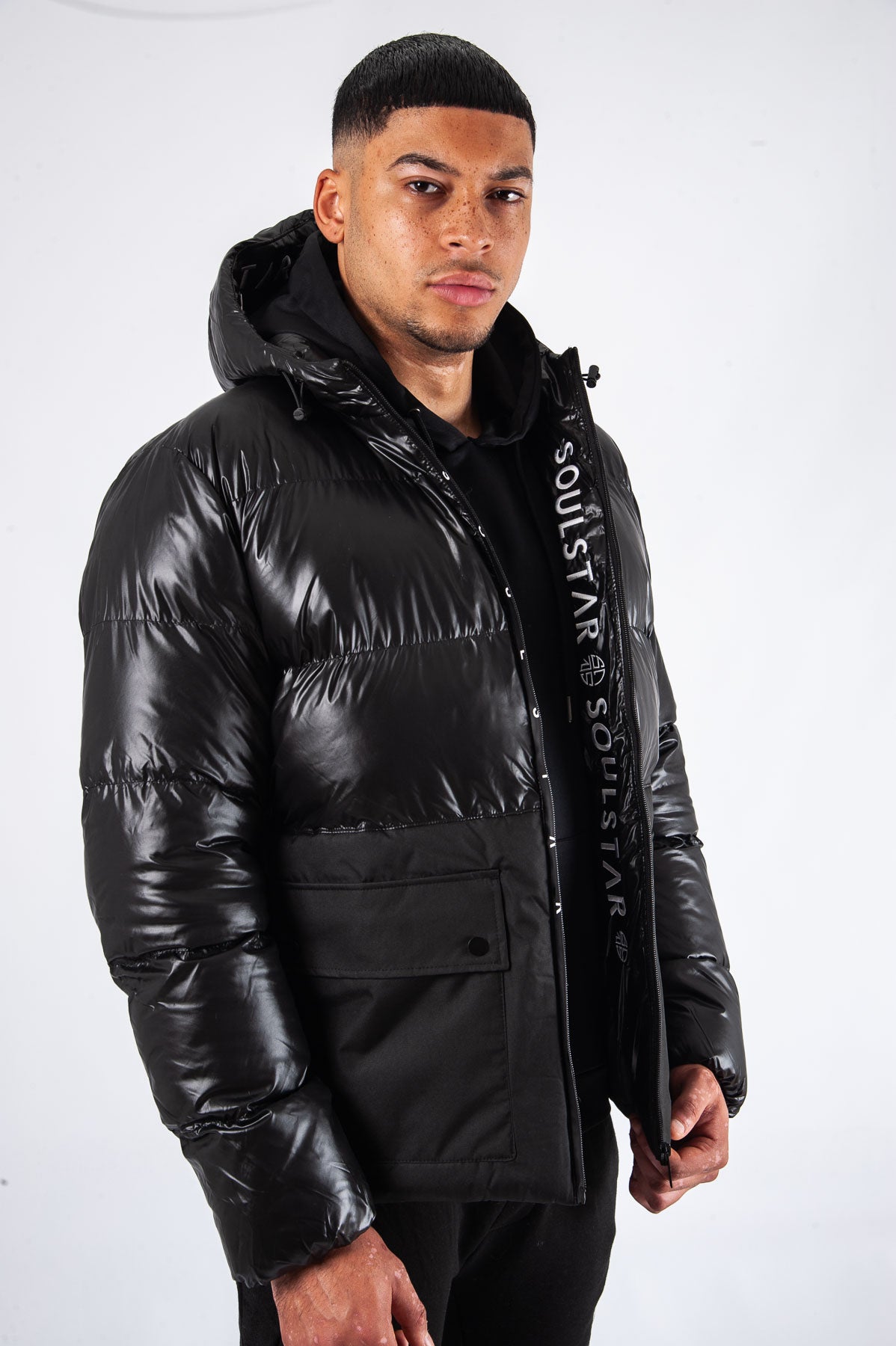 Black Shiny Puffer Jacket Mens with Hood